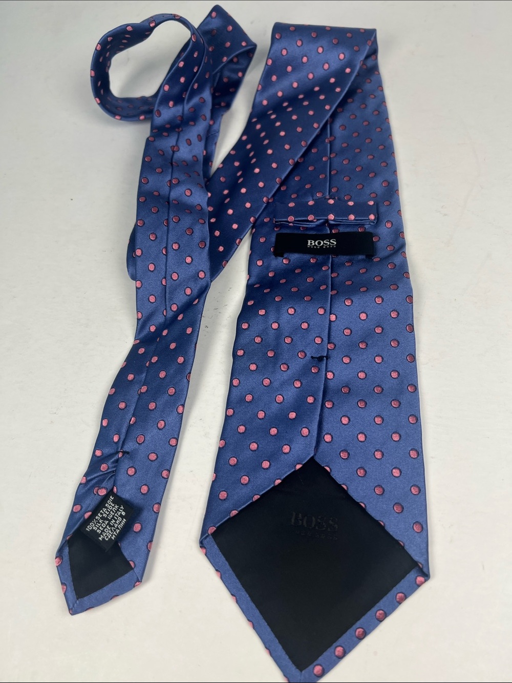 BOSS Navy Tie with Pink Polka Dot Pattern